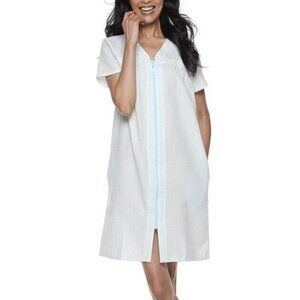 Croft & Barrow Womens Full Zip Nightgown Pajama Robe Size Medium Blue Seersucker